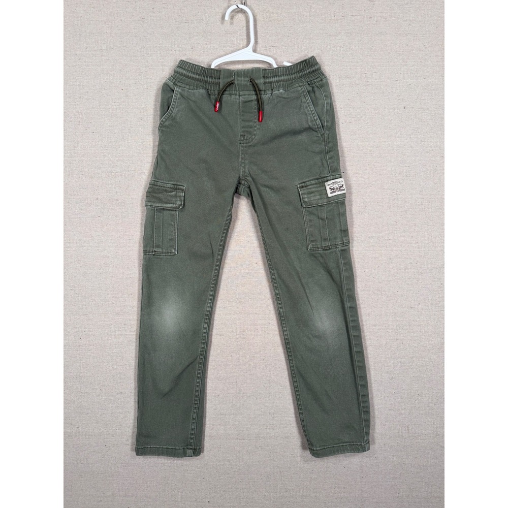 Levis Boys Olive Green Elastic Waist Cargo Pants Size 7 Drawstring Cotton Blend